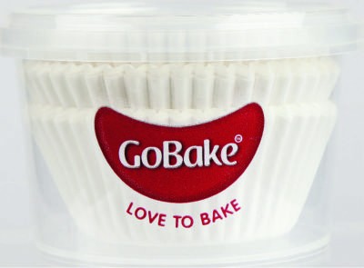 White standard sized cupcake papers in tub