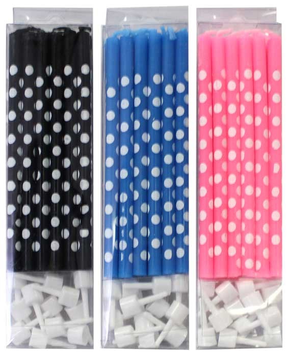Slim candles Royal Blue and white polka dot with holders