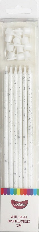 Super Tall White with silver splatter long candles 18cm (12PK)