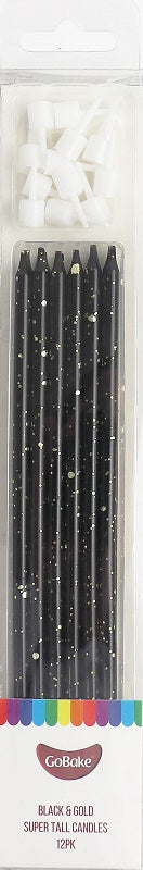 Super Tall Black with gold splatter long candles 18cm (12PK)