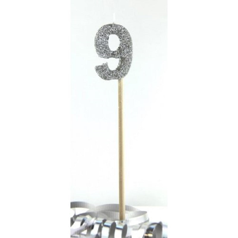 Long wooden pick candle Number 9 Silver Glitter