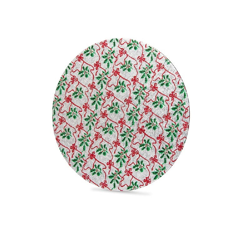 Christmas design cake board 10 inch round Silver with Red Bows and Green Holly