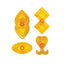 Four translucent yellow plastic icing cutters with heart and diamond shapes, arranged on a plain white background.
