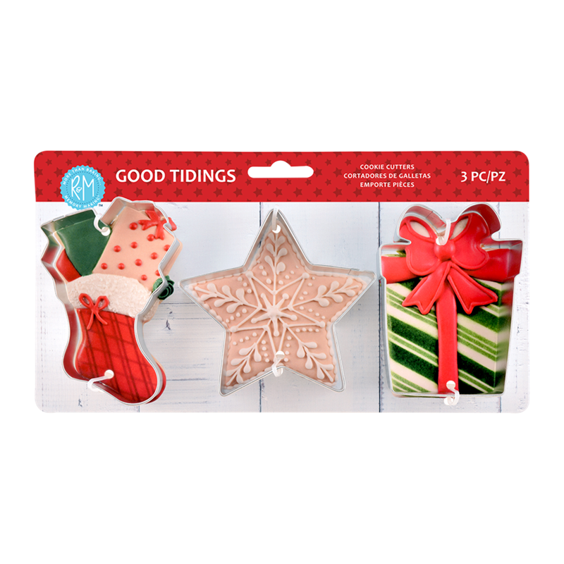 Christmas cookie cutter set 3 Good Tidings present stocking and star