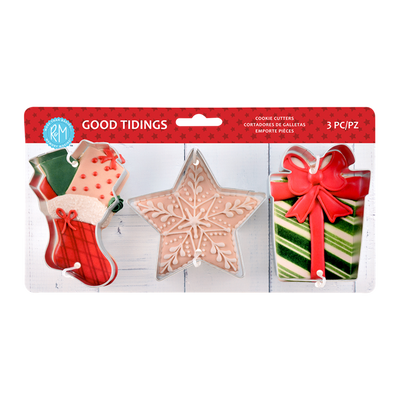 Christmas cookie cutter set 3 Good Tidings present stocking and star