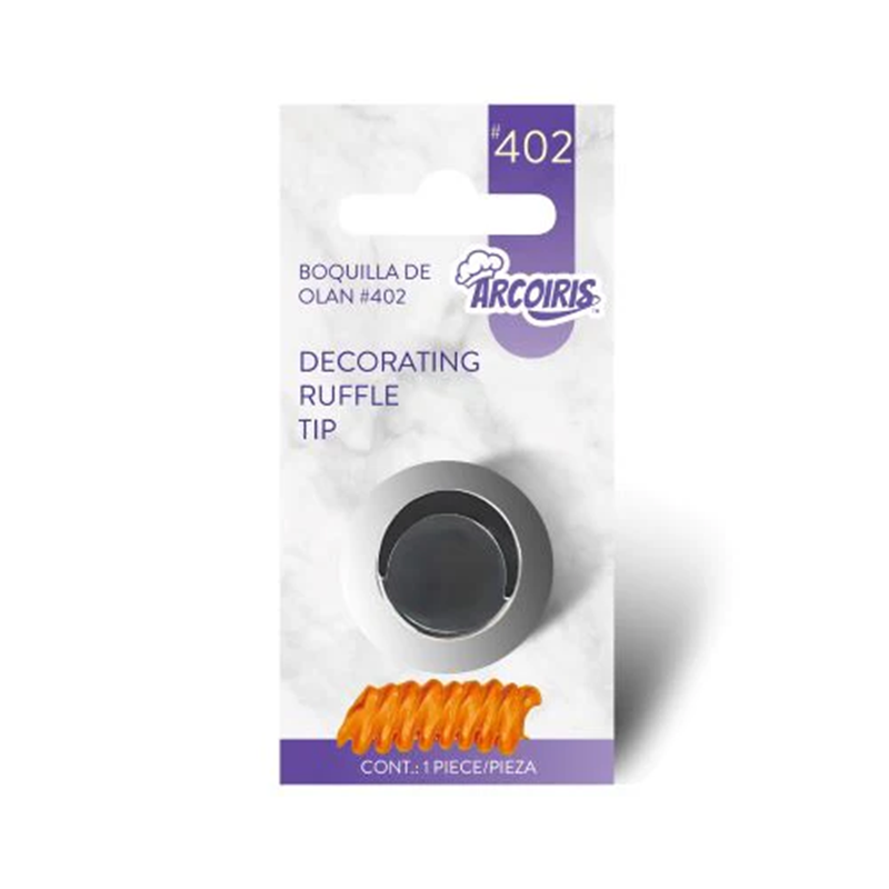 Decorating ruffle tip packaging with Arcoiris branding on a white background