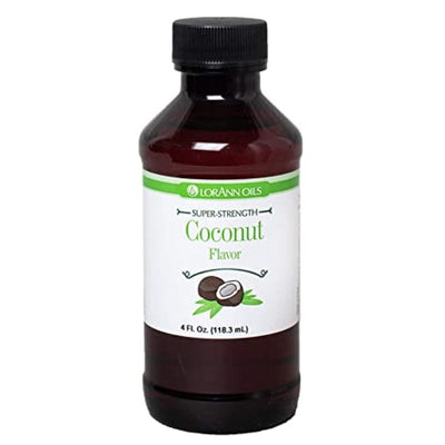 Bottle of LorAnn Oils coconut flavour on a white background