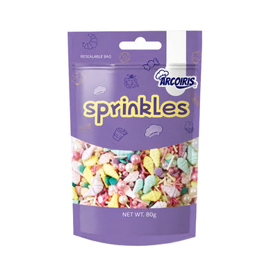 Arcoiris Sprinkle blend medley with pastel ice cream cones, shimmering pearls, rods, confetti and mini beads in soft pink, mint, lemon, lilac and cream in retail pouch packaging