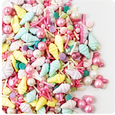 Sprinkle blend medley with pastel ice cream cones, shimmering pearls, rods, confetti and mini beads in soft pink, mint, lemon, lilac and cream
