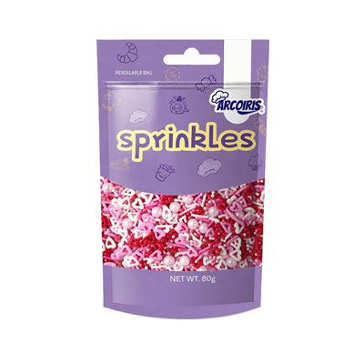 Arcoiris sweetheart sprinkle sin retail packaging Heart shaped sprinkles, with pink sugar pearls and white and pink jimmies