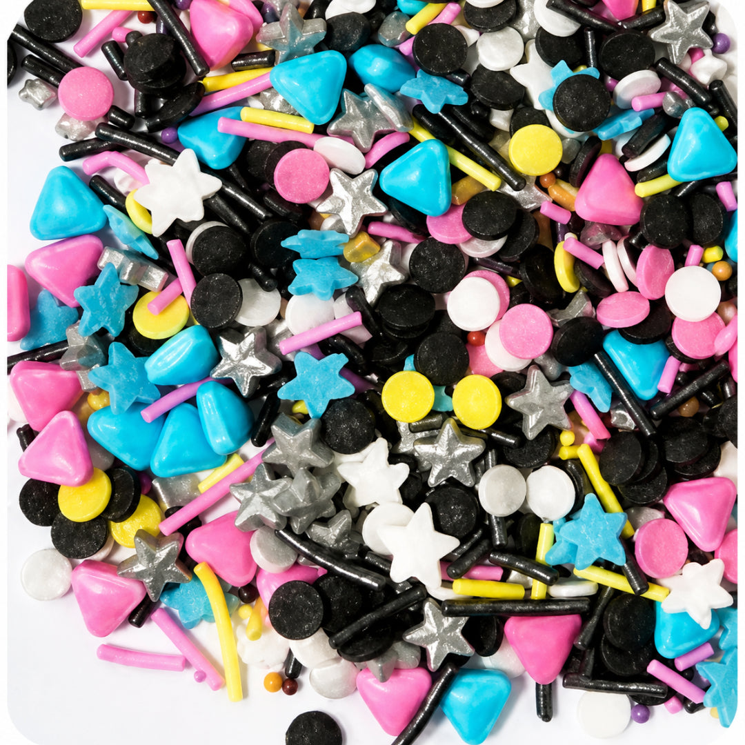 Retro Sprinkle Mix. Of hot pink, electric blue, sunshine yellow, black, white and shimmering silver colours. Shapes are - stars, triangles, rods and confetti.