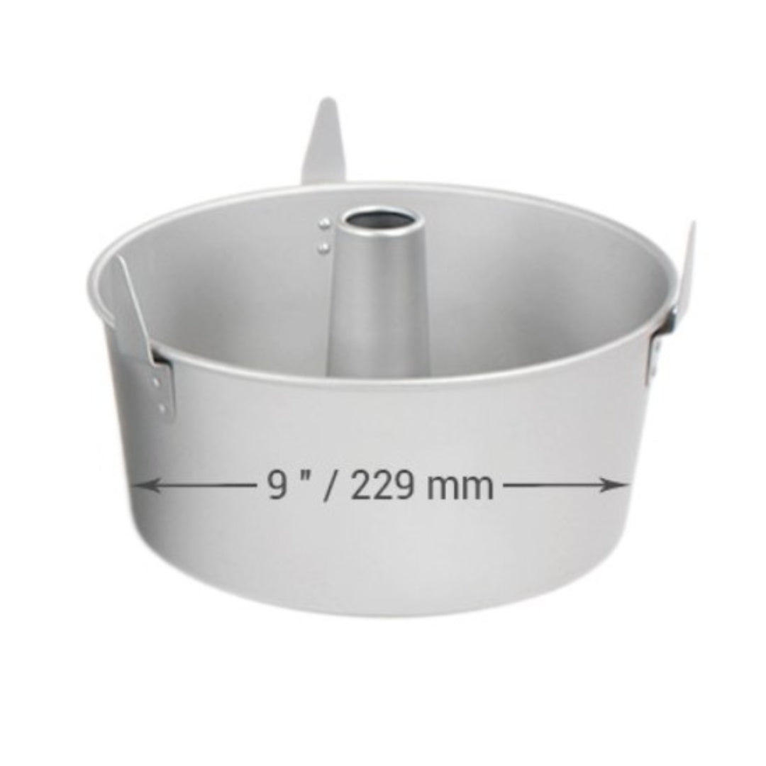Angel cake pan with dimensions indicated on a white background