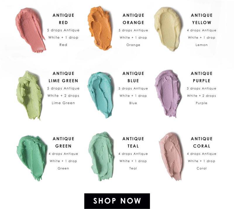 A color swatch chart showing twelve Icing swatches arranged in a grid with labels for Antique Red, Antique Orange, Antique Yellow, Antique Lime Green, Antique Blue, Antique Purple, Antique Green, Antique Teal, Antique Coral, and a black 'SHOP NOW' button at the bottom.