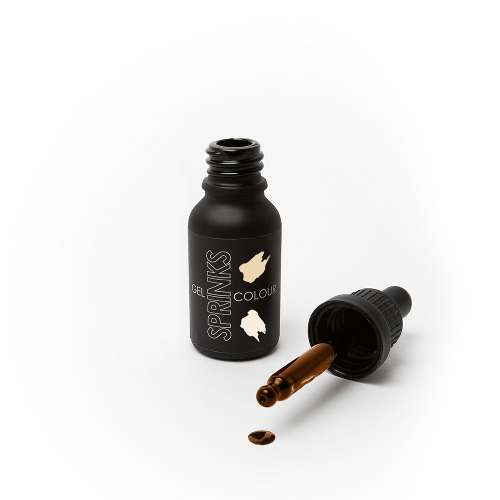 Black bottle of Sprinks gel color with a dropper on a white background