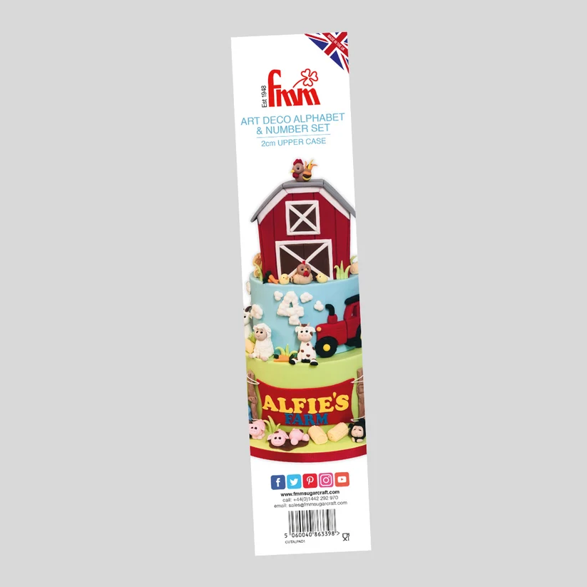 A tall printed packaging card for a art deco font alphabet and number set, featuring colorful illustrations of a red barn, tractor, sheep, cows, and the text 'ALFIE'S FARM'.