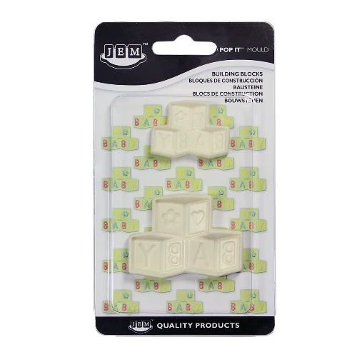 Jem pop it cutter moulds in a design of Baby's building blocks. In retail blister packaging