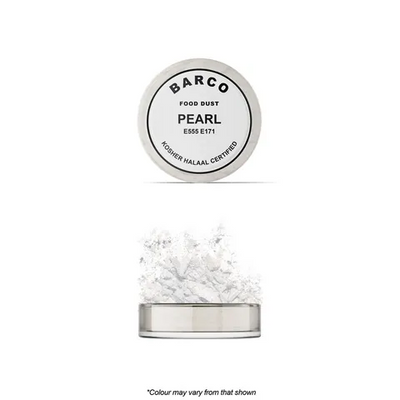 BARCO Pearl Food Dust lustre powder shown with its round silver lid above and a small clear jar filled with white powder below on a white background.