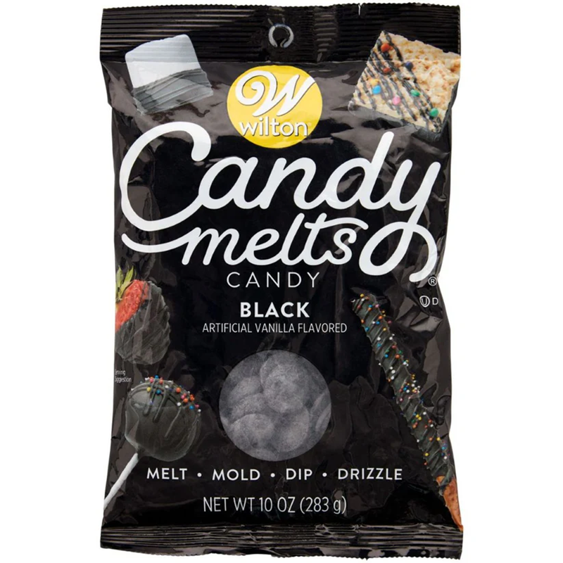 Wilton Candy Melts Black chocolate bag on a white background