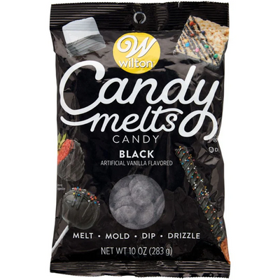Wilton Candy Melts Black chocolate bag on a white background