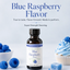 A bottle of Lorannolis Blue Raspberry Flavoring Essence stands centered on a light blue background, surrounded by fresh blue raspberries, a cupcake with blue frosting, and large text reading 'Blue Raspberry Flavor.'.