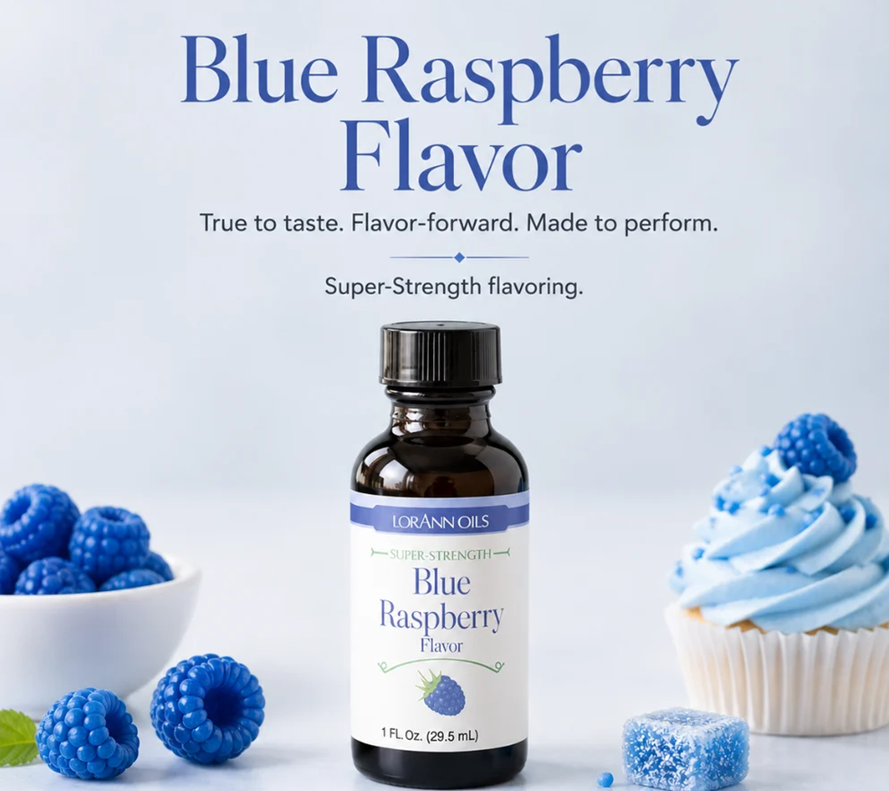 A bottle of Lorannolis Blue Raspberry Flavoring Essence stands centered on a light blue background, surrounded by fresh blue raspberries, a cupcake with blue frosting, and large text reading 'Blue Raspberry Flavor.'.