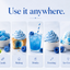 A promotional graphic with the headline 'Use it anywhere.' above five labeled panels: Candy, Baking, Drinks, Frosting, and Ice Cream. For blue raspberry flavouring by Lorann