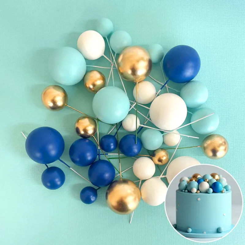 Blue white & gold foam ball deco toppers 32 pieces