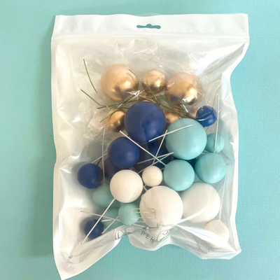 Blue white & gold foam ball deco toppers 32 pieces