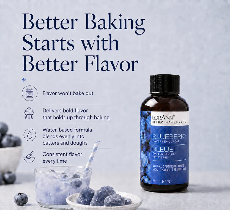 A bottle of Lorann Better Baking Starts with Better Flavor Blueberry flavoring extract is shown next to a glass of blue-colored batter and bowls of blueberries on a light gray background with promotional text.