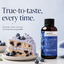A bottle of Lorann Better Than Extract Blueberry Flavor Enhancer stands next to a blueberry pie slice on a plate, with promotional text on a light blue background.