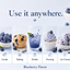Blueberry-flavored flavoring promoted with the text 'Use it anywhere.' and five usage examples: candy, baking, drinks, frosting, and ice cream, each shown with a small food photo and blueberry icon.