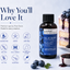A bottle of Lorann Better Than Extract Blueberry Flavouring displayed next to a blueberry cake and a bowl of blueberry sauce, with marketing text and icons on a light blue background.