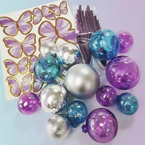 Purple silver and blue balls with butterflies and fan decoration set