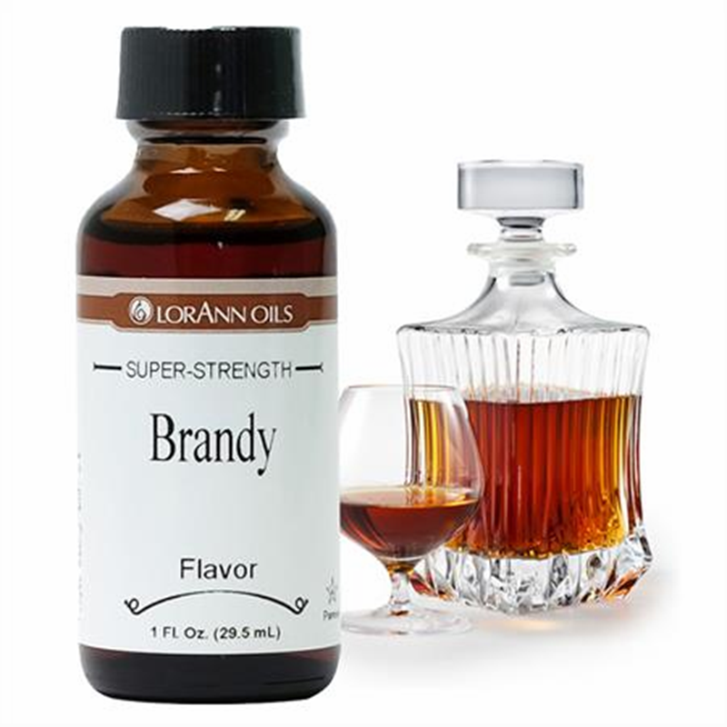 Bottle of LorAnn Oils Super-Strength Brandy flavor with a glass of brandy on a white background