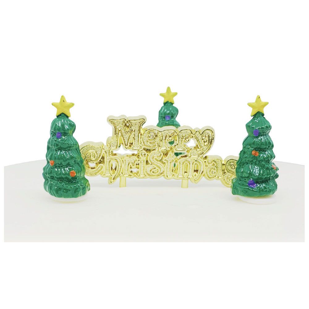 Merry Christmas gold plaque and three christmas tree toppers