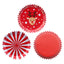 Three red cupcake liners with different Christmas themed designs on a white background