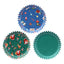 Set of three colorful cupcake liners with festive designs on a white background