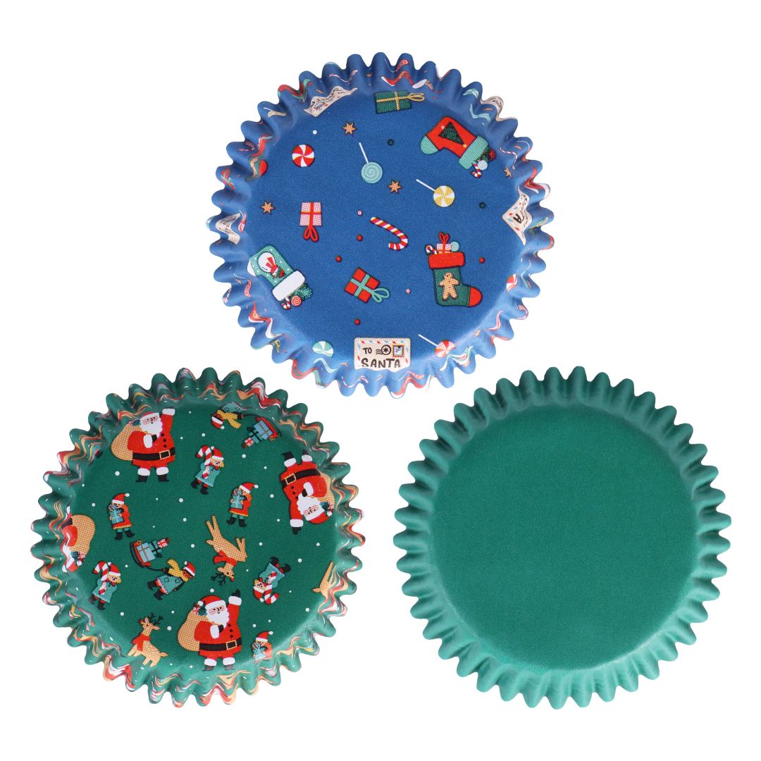 Set of three colorful cupcake liners with festive designs on a white background