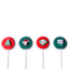 Four Christmas-themed lollipops on sticks with colorful designs.