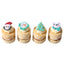 Four small cake stacks with festive decorations on a white background