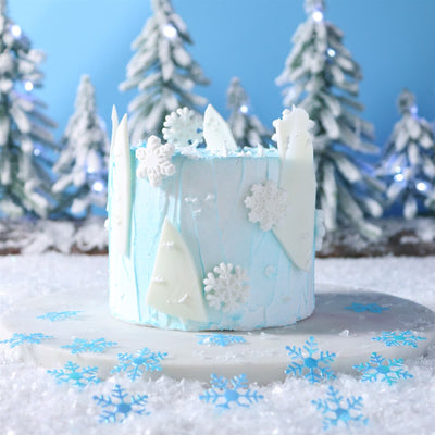 Decorative cake with winter theme featuring snowflakes and trees against a blue background