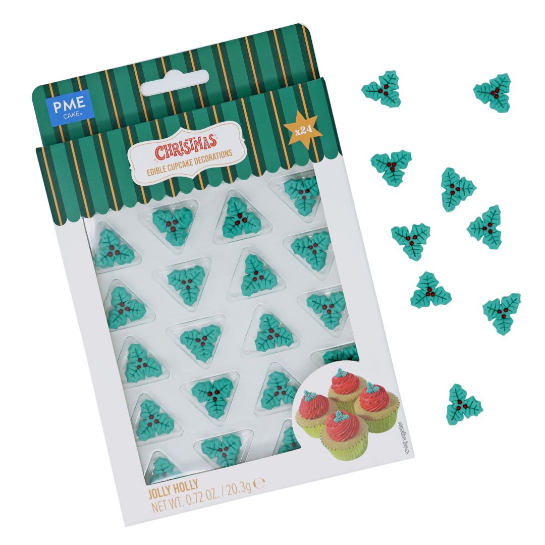 Christmas sugar icing decorations 24 pack Holly Jolly holly leaves