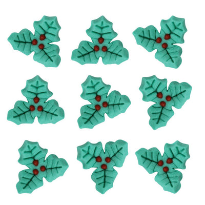 Set of green holly leaf decorations with red berries on a white background