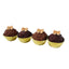 Four chocolate truffles with gold bows on a white background