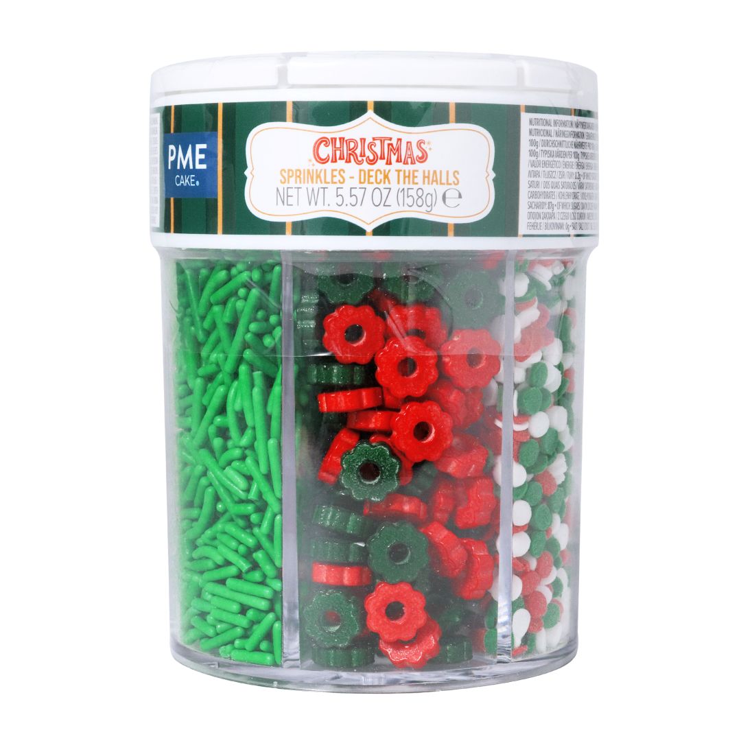 Container of Christmas-themed sprinkles with red, green, and white colors on a white background.