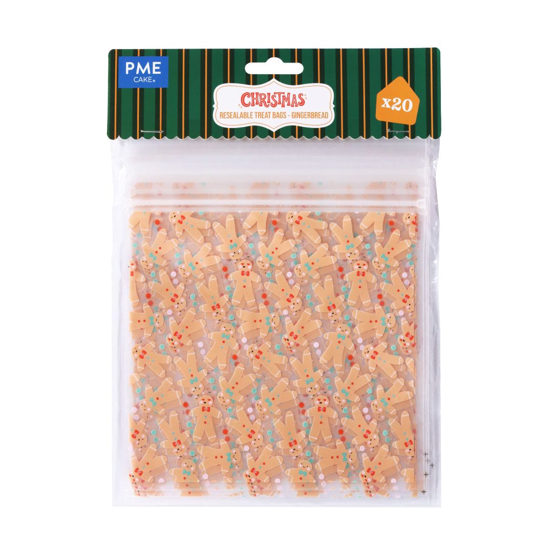 Gingerbread men treat bags with PME branding on a white background