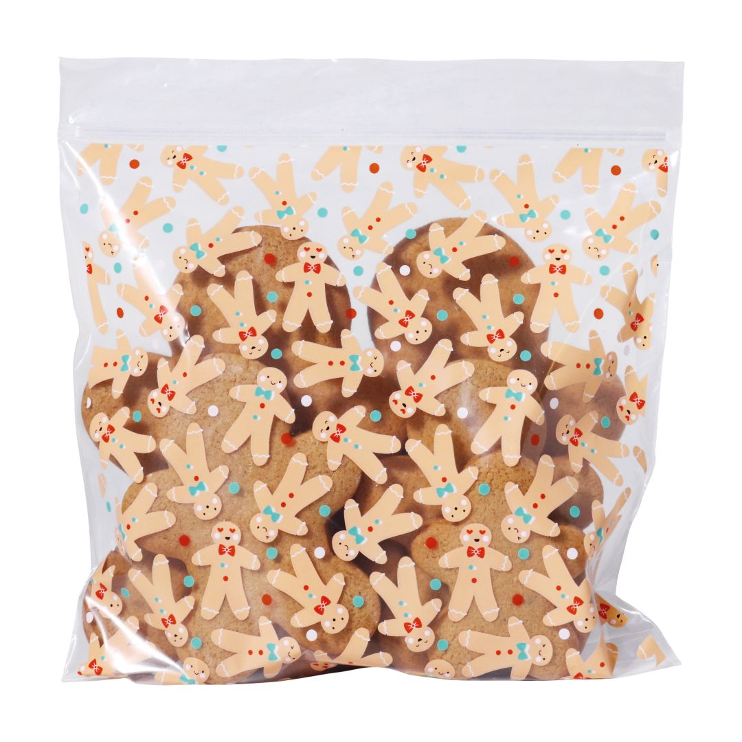 Bag of gingerbread men cookies packaged in the PME resealable gingerbread man pattern treat bags