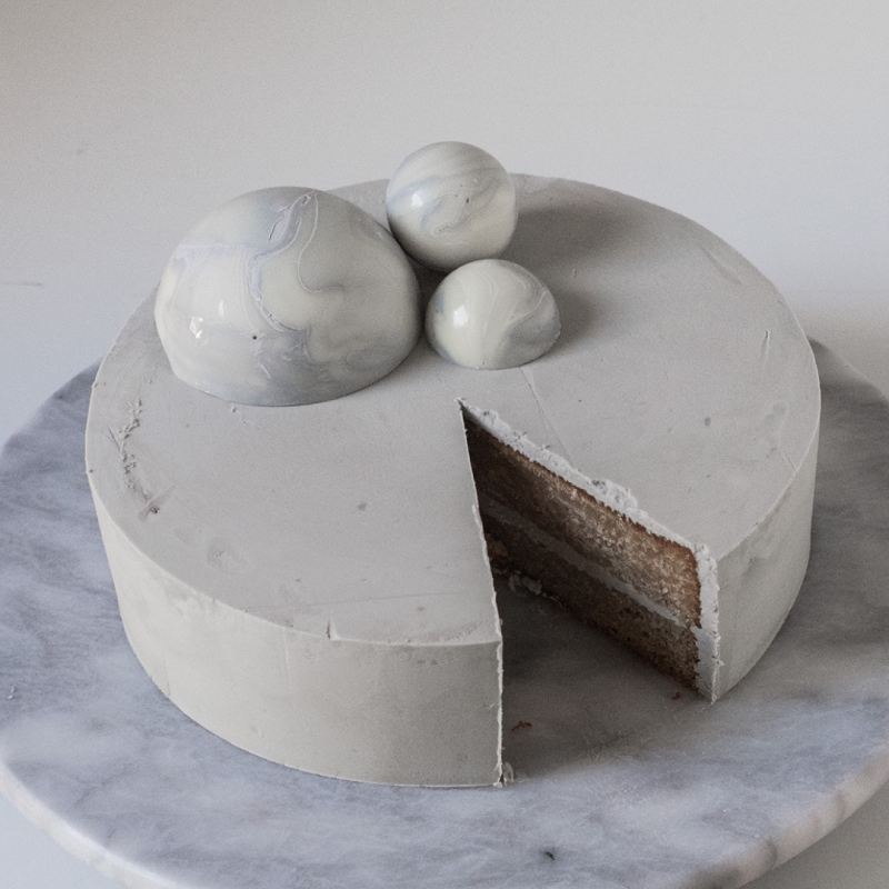 cake made with concrete grey icing and chocolate