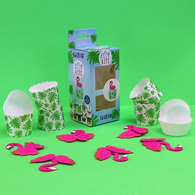 Flamingo tropical cupcake decorating kit with baking cups and edible birds