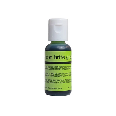 A bottle of Fructus Neon Brite Green food coloring airbrush with a white cap and a bright green label, shown on a plain white background.